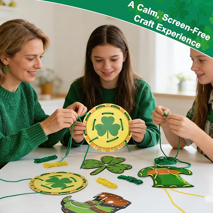 JULEASEL Lucky Lacing Cards Wooden Crafts Fine Motor Skills | Fun shamrock and holiday themed designs perfect for St. Patrick’s Day craft and classroom activities.