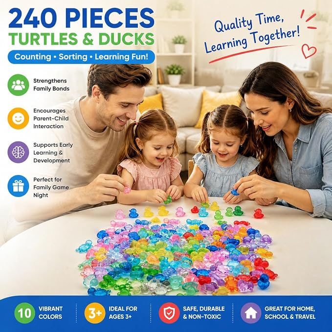 240PCS Translucent Counting Toys for Preschool with Storage Box | Turtle & Duck Sorting Manipulatives, Montessori Math Counters, Sensory Bin Fillers, Classroom Learning Toys for Toddlers