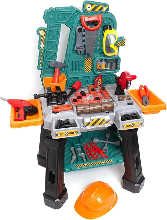 Amazon Basics Kids Workbench Construction Toy, Pretend Play Tool Set with 80 Pieces, Educational Interactive Playset, Play Helmet & Safety Goggles, for Ages 3 and Up, Multicolor, Medium