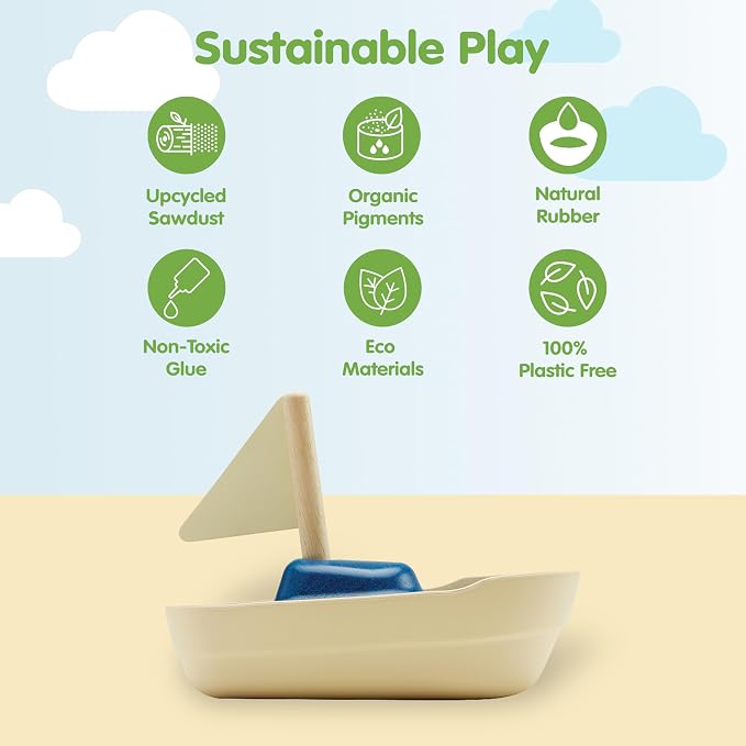 PlanToys® Sailboat Wooden Bath Toy, Eco-Friendly Floating Boat for Kids | wooden sailboat, floating bath toy, fine motor skill, imaginative play, water play, bathtub pool fun, birthday gift, kids tod