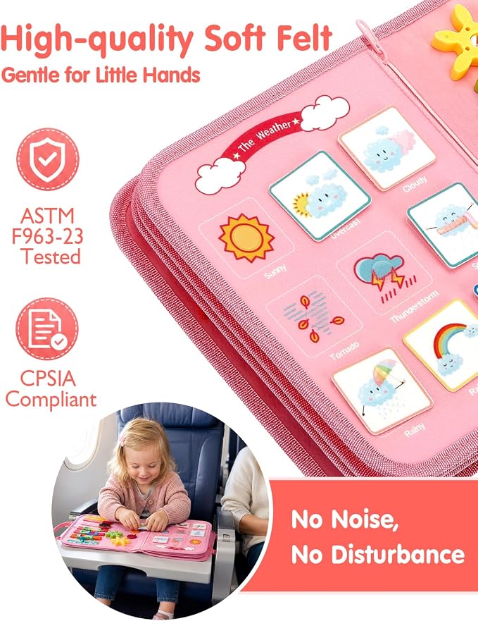 hahaland Busy Board Montessori Toys Busy Book Toddler Girl Gifts Travel Toy | Toddlers Educational Learning Toys with Life Skills, Alphabet, Number, Shape, Color, Weather, Detachable Pages for Car Ride