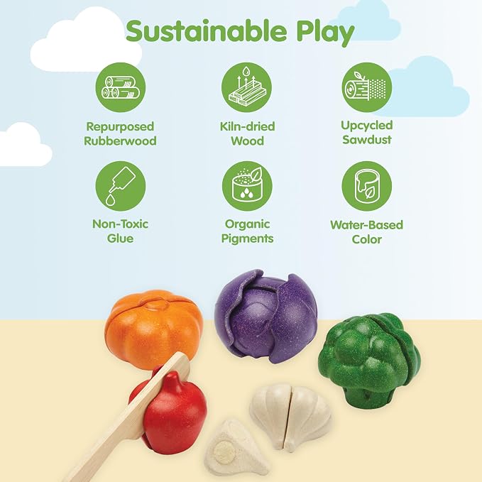 PlanToys 5 Wooden, Colorful Vegetable (Veggie) Food Playset (3431) | Sustainably Made from Rubberwood and Non-Toxic Paints and Dyes. | broccoli, pepper, pumpkin, garlic, cabbage, kids kitchen playset, girls, boys, fine motor imaginative role play gift set
