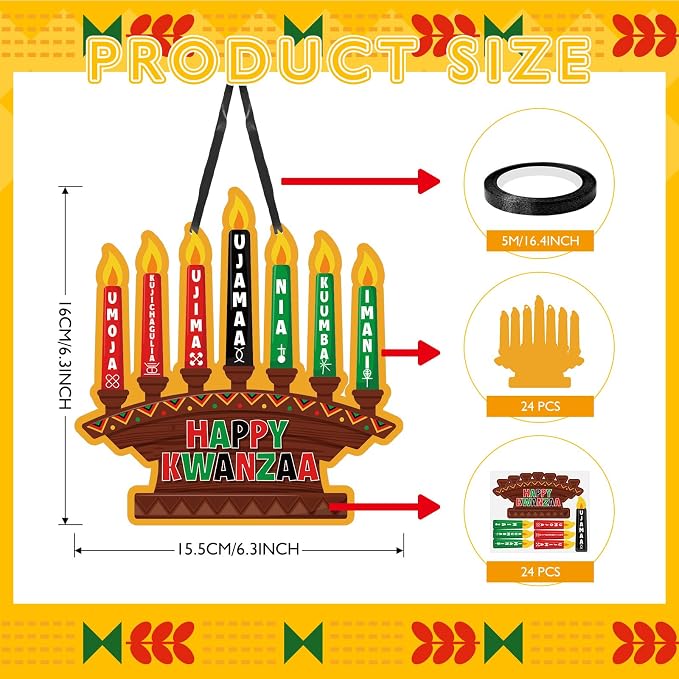 Cinrobiye 24 Set Kwanzaa Craft Kit Bulk DIY Kinara Candles Arts and Crafts with Stickers Happy Kwanzaa Hanging Ornament Gifts for Home School Art Project Activity African Heritage Holiday Party Favors