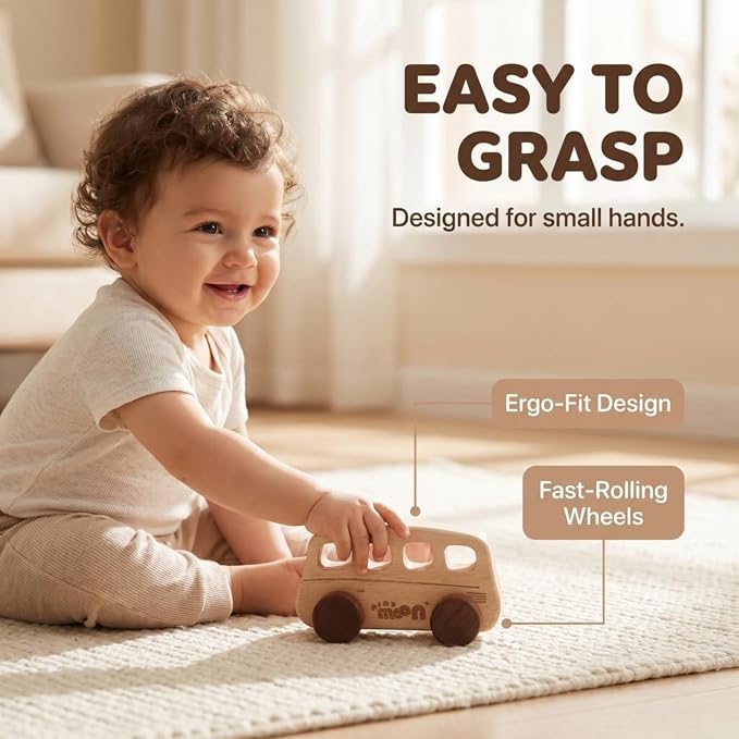 Wooden Baby Toys - Montessori Toys for 1 Year Old, 3-Piece Set with Bus, Airplane & Wooden Toy Cars - Teething Safe, Minimalist Nursery Decor, Toddler Gift for Boys & Girls
