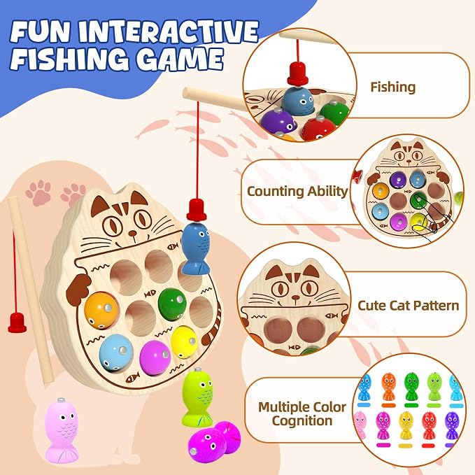 Wooden Magnetic Fishing Game for Toddlers 1-3, Montessori Sensory Busy Board Fine Motor Skills Toys for 1 2 3 Years Old Boys Girls