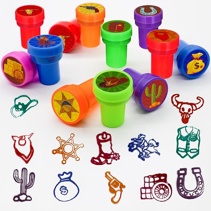 Cinrobiye 24 Pcs Western Cowboy Stampers Party Favor Set, Cute Cowboy Rodeo Stamps for Kids Birthday Party, Classroom Rewards, Carnival Prizes, Goody Bag Fillers, Western Themed Party Supplies