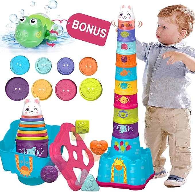 LTKFFFdp Baby Stacking Toys for Toddlers 1-3, Nesting Cups Shape Sorter for Infant 6 to 12-18 Month, Stackable Learning Toy with Blocks, Rattle & Frog Bath Toy, for Girl Boy Birthday | with Rattle & Frog, Outside/Bath/Beach/Playpen Toys for 1 Year Old ...