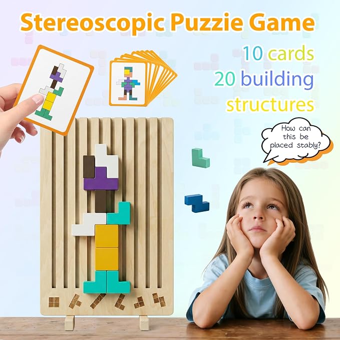 Wooden Montessori Brain Blocks, Quick-Reset Pattern Bag, Gift 3+ | 2-in-1 Building & Puzzle Game, 9 Shapes, 20 Challenges, Instruction Guide, Screen-Free, Educational Play
