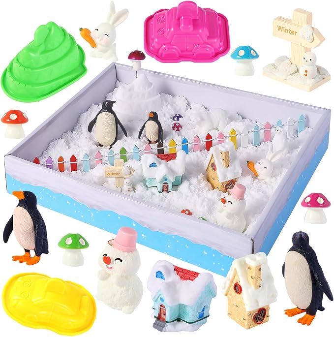 FIIOEOY Snow Sensory Bin, Play Sand Art Kit for Kids with Sensory Sand, Arctic Animal Figures, Winter Wonderland Sensory Snow Toy Birthday Gift for Toddler Ages 3 4 5 6 7 8