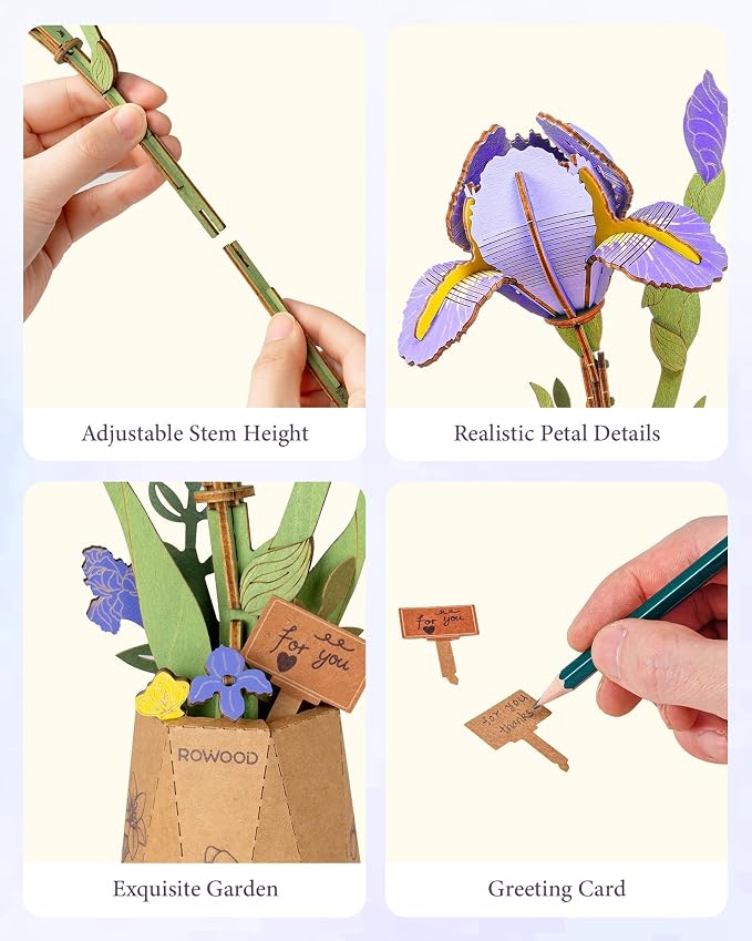 Rowood 3D Puzzles for Adults,DIY Mother's Day Wooden Flower Building Set Craft Kits, Botannical Collection Home Decor,Christmas/Birthday/Valentine's Day Gift- Purple Iris