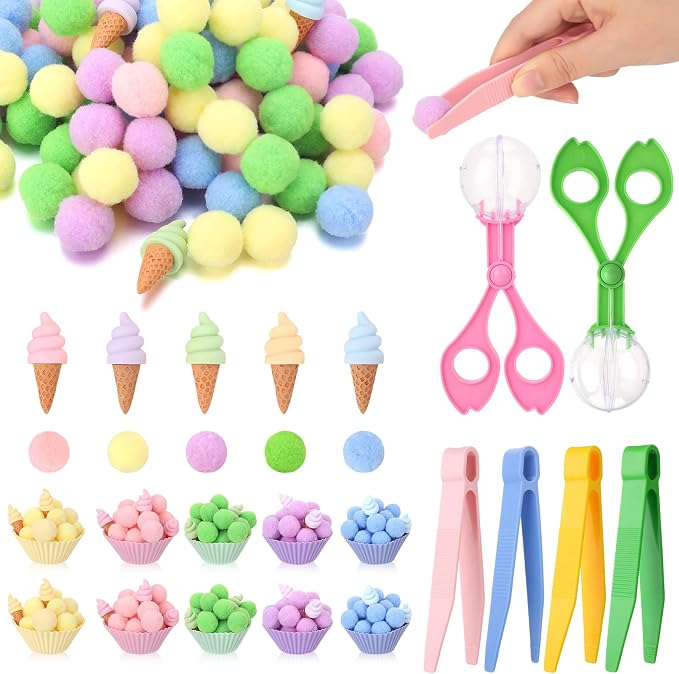 136 Pcs Ice Cream Sensory Bin Filler Counting Sorting Fine Motor Toys | 100Pcs Pom Pom 20Pcs Mini Ice Cream 10Pcs Sorting Cups 4Pcs Tweezers 2Pcs Scissors Clips for Preschool Early Education