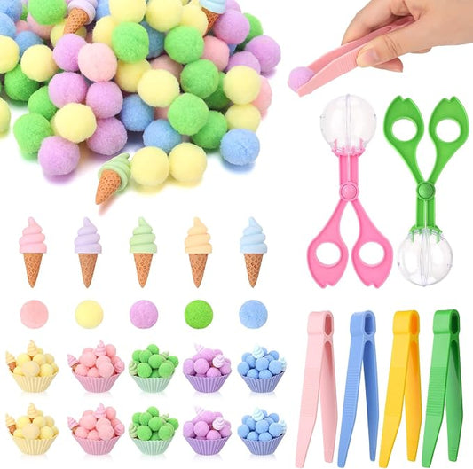 136 Pcs Ice Cream Sensory Bin Filler Counting Sorting Fine Motor Toys | 100Pcs Pom Pom 20Pcs Mini Ice Cream 10Pcs Sorting Cups 4Pcs Tweezers 2Pcs Scissors Clips for Preschool Early Education