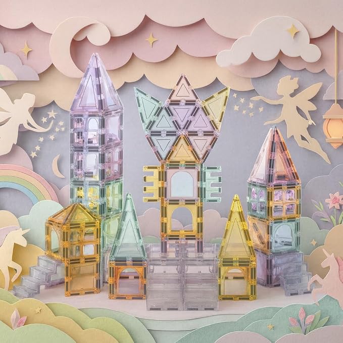 Pastel Magnetic Tiles, 108-Piece Palatial Set with Stairs | Palace & Castle Building Blocks, Strong Magnets, STEM Toy, Ages 3+