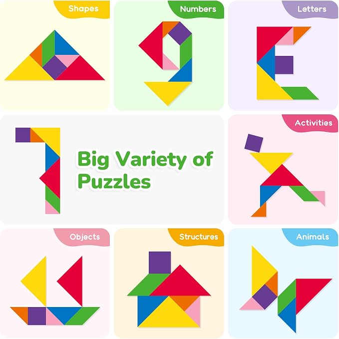 BenBen Travel Tangram Puzzle with 2 Sets Magnetic Wooden Shapes for Kids | Extra Large Dual-Sided Magnet Surface, Color Pattern IQ Book, Road Trip Car Plane Game, Educational STEM Toys for Kids Adults