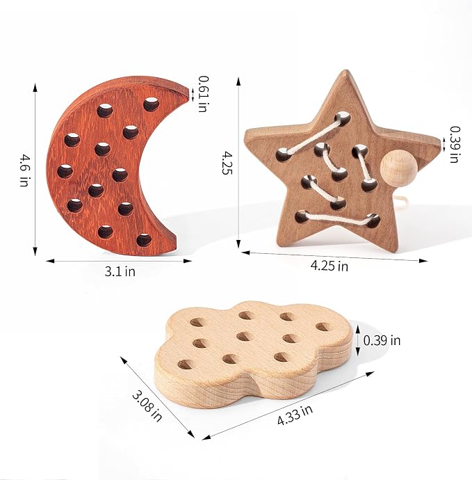 3 Pack Wooden Lacing Threading Toys for Toddlers 1-3 Solid Wood Threading Activity Puzzles, Moon/Stars/Cloud Quiet Toddler Toys for Airplane Travel Fine Motor Skills Sensory Toys