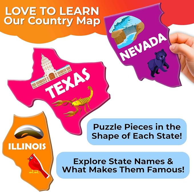 United States Puzzles for Kids Ages 8-10 - Jigsaw Kids Puzzles Ages 6-8 | 70 Pcs Jigsaw Floor USA Map Puzzle - 50 Cards with 400+ USA Facts - US State and Capitals Educational Gift for Children 4-8