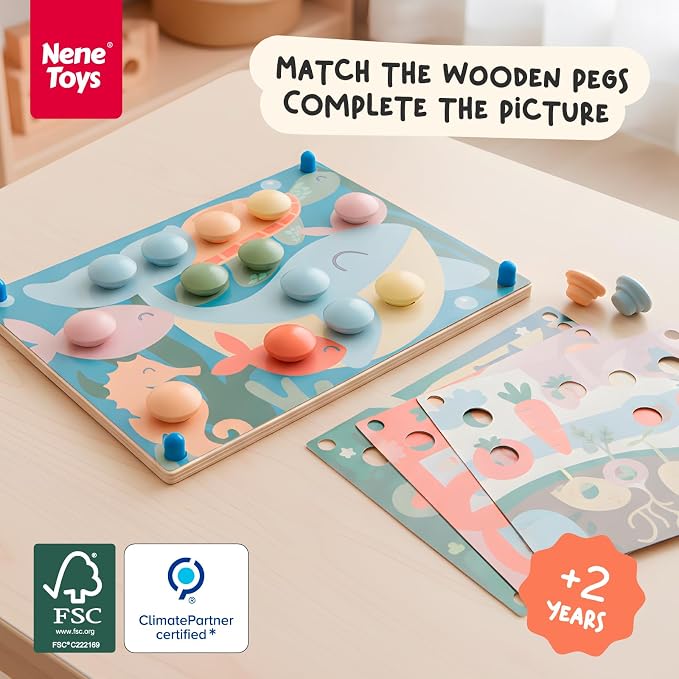 Nene Toys Wooden Color Matching Pegboard for Toddlers 2+ - Pastel Button Art Mosaic Puzzle with 24 Wooden Pegs & 12 Pattern Cards - Montessori Fine Motor Toy for 2 3 Year Old Boys Girls
