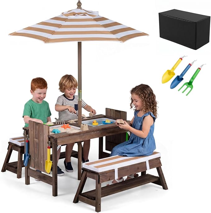 Costzon 4-in-1 Kids Picnic Table with Umbrella, Sand & Water Sensory Bins | Wooden Toddler Outdoor Table with Benches, Cushions, Cover, Gardening Tools, Kids Outdoor Furniture for Patio Backyard