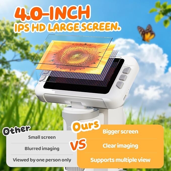 1600X Kids Microscope, 1080P Digital Microscope with 4.0" Screen | STEM Science Education Toy with Slides Kit, Portable Pocket Learning Microscope for Kids Ages 3-14, Birthday Christmas Gift
