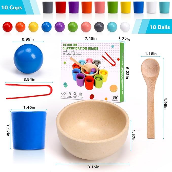 Color Sorting Toys, Wooden Montessori Rainbow Matching Game for Kids 3+ | 10 sorting cups, wooden rainbow balls, wooden spoon, plastic tongs, storage box, for color matching and fine motor play