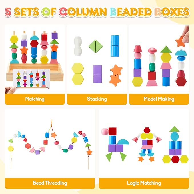 Montessori Wooden Toys, Lacing Beads & Stacking Block & Matching Shape Stacker, Montessori Wooden Beads Sequencing Toy Set, STEM Preschool Learning Toy Birthday Gift for 2 3 4 Year Old Toddler Gifts