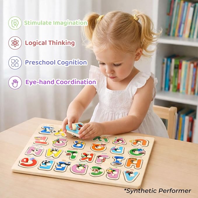 Wooden Peg Puzzles for Toddlers 1-3 – 6 Pack Toddler Puzzles, Preschool Educational Learning Puzzle Toys for Kids, Alphabet, Number, Shapes, Christmas Birthday Gifts for Boys, Girls