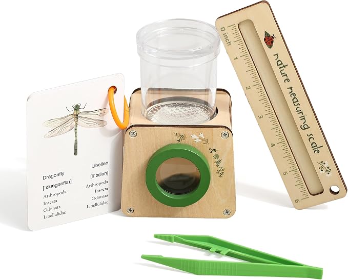 Wooden Bug Catcher for Kids, Tri-View Bug Viewer Kit, Top & Bottom Magnifiers, Insect Observation Container with Tweezers, Ruler & 10 Insect Cards, STEM Outdoor Explorer Toy