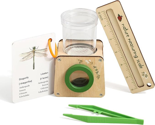 Wooden Bug Catcher for Kids, Tri-View Bug Viewer Kit, Top & Bottom Magnifiers, Insect Observation Container with Tweezers, Ruler & 10 Insect Cards, STEM Outdoor Explorer Toy
