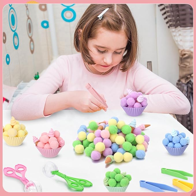 136 Pcs Ice Cream Sensory Bin Filler Counting Sorting Fine Motor Toys | 100Pcs Pom Pom 20Pcs Mini Ice Cream 10Pcs Sorting Cups 4Pcs Tweezers 2Pcs Scissors Clips for Preschool Early Education