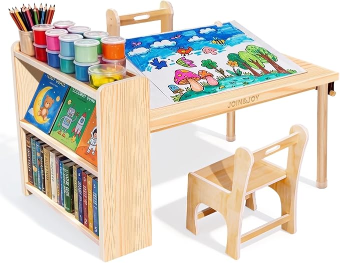 Kids Art Table and 2 Chair Set, Wooden Craft Table with Storage Shelves | Toddler Activity Desk for Creativity, Drawing, Learning & Playtime