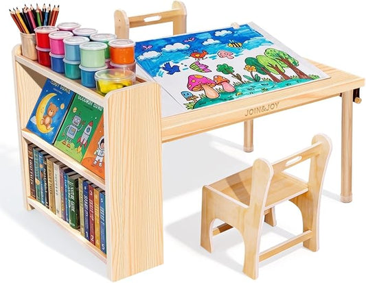 Kids Art Table and 2 Chair Set, Wooden Craft Table with Storage Shelves | Toddler Activity Desk for Creativity, Drawing, Learning & Playtime