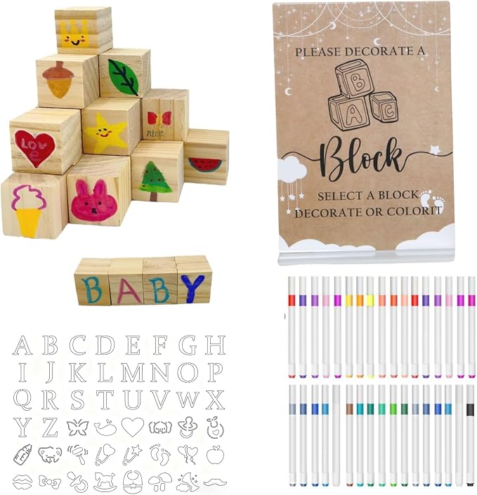 156-Piece Baby Shower Building Block Game Set, featuring 58 plain wooden blocks, 48 markers, 48 templates, 1 game instruction card, and 1 storage box—specially designed for parties (Floral Theme)