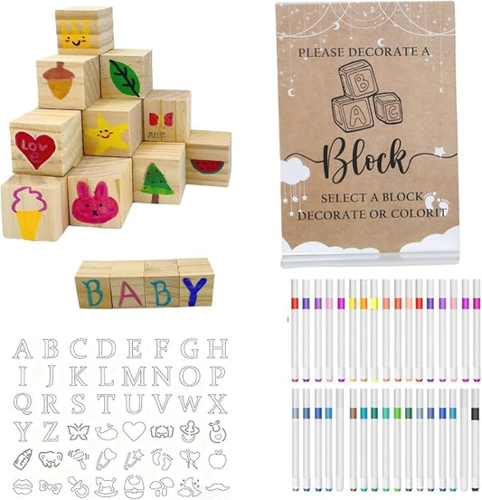 156-Piece Baby Shower Building Block Game Set, featuring 58 plain wooden blocks, 48 markers, 48 templates, 1 game instruction card, and 1 storage box—specially designed for parties (Floral Theme)