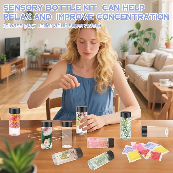 YEXEXINM 16 Pcs Empty Sensory Bottles Kits, 300 ml Leakproof Clear Plastic Sensory Bottles with Lids with Sequins Accessories, Reusable Water Bottles for Sensory Crafts Handmade Party Supply