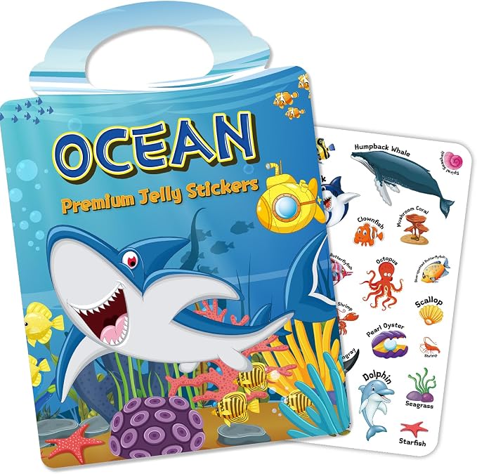 Reusable Sticker Book for Toddlers 3-6, Jelly Stickers for Kids, Sticker Activity Book Travel Toys for Car & Airplane, Educational Learning Gifts for Boys and Girls Ages (Ocean Theme)