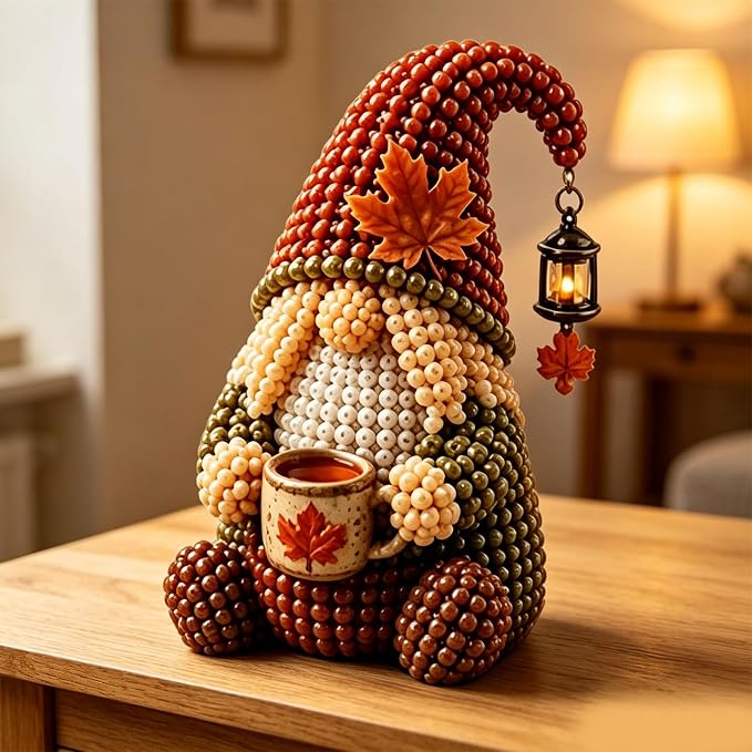 3D Beaded Gnome Craft Kit, 7.1in Non Slip Stable Structure Bead Threading Project Box, Handmade Gnome DIY Toy Set with Charms for Kids Ages 6 Plus Adults