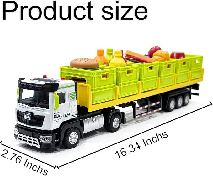 Food Transport Truck Toy for Age 3-8 Kids – Alloy Vehicles Head 1:40 Goods Trailer with Cargo Box and Food Model, Lights & Sounds (Large Transport Truck Green)