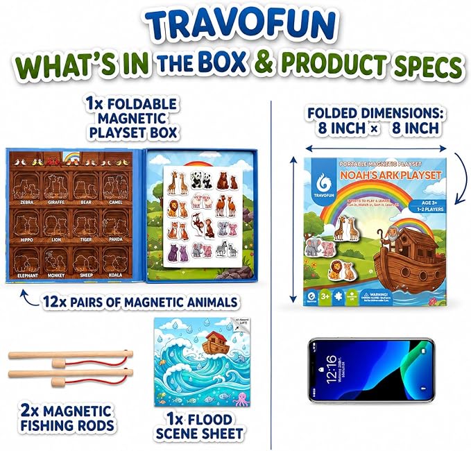 Travofun Magnetic 4-in-1 Animal Game | Travel Toys for Toddlers Ages 3-5 | 4-in-1 travel toy with magnetic fishing, animal matching, spelling, and story play in a colorful Noah's Ark picture scene.