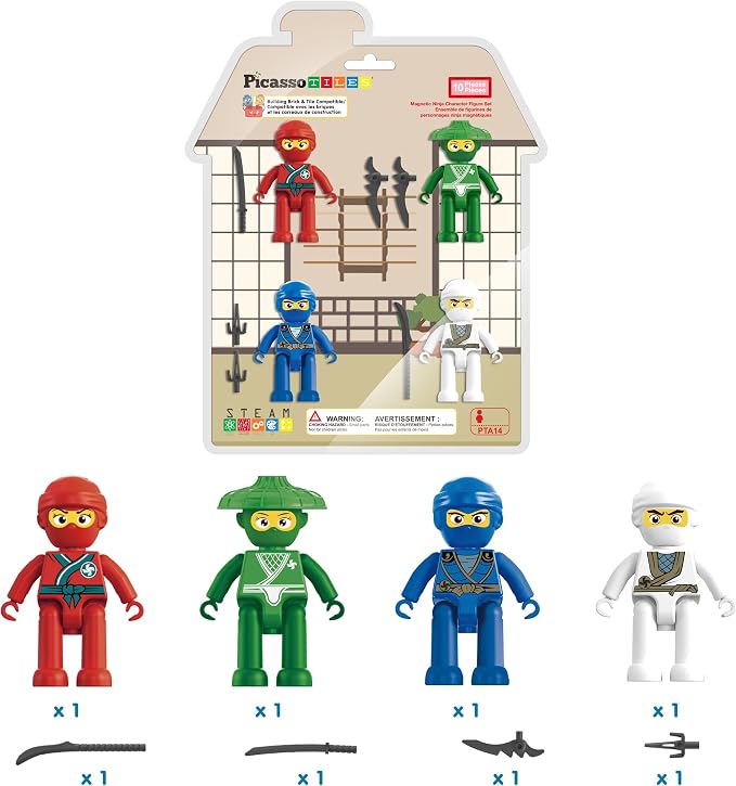 PicassoTiles Ninja Action Characters for Magnetic Tiles Building Block Toy Sets Accessory Add On Kit for Magnet Tile Playsets for Toddlers Boys Girls Ages 3+ Pretend Play STEM Educational Toys PTA14