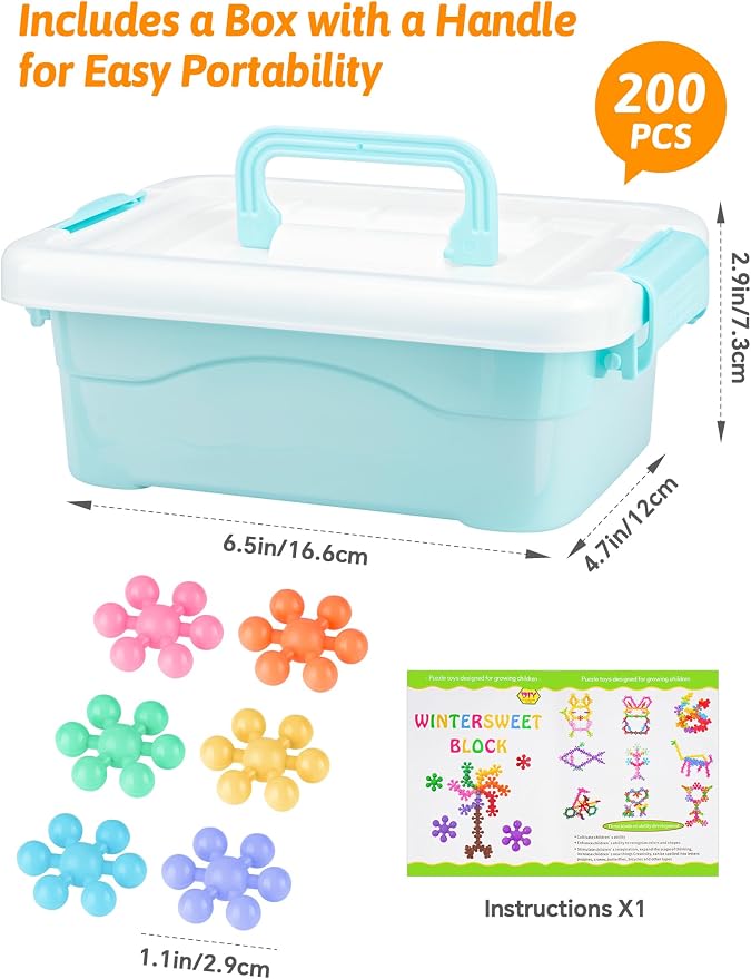 200PCS Building Blocks STEM Construction Toy, Macaron Colors | Interlocking Snowflake Discs in BPA-Free Plastic with Storage Case – Boosts Fine Motor Skills & Creative Play