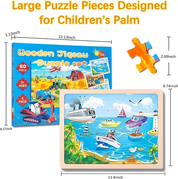 Wooden Puzzles for Toddlers 3-5,6 in 1 Jigsaw Wooden Solar System Puzzles for Ages 4-6,Preschool Educational Brain Toys Gifts for Boys and Girls 2 4 3 5 Year Old（Vehicle）