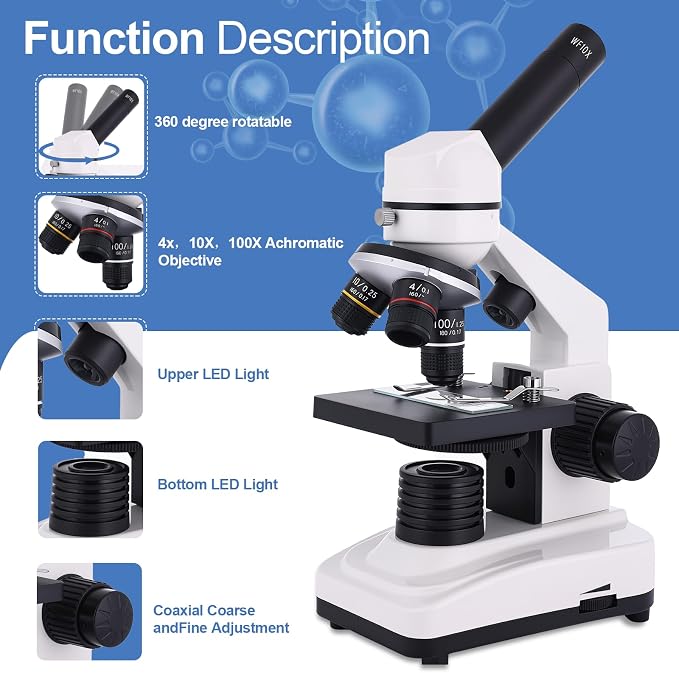 Microscope for Adults & Kids, 40X-2500X High-Power Compound Microscope for Students, School Lab & Home Schooling,Equiped with Slides Set & Phone Holder (White)