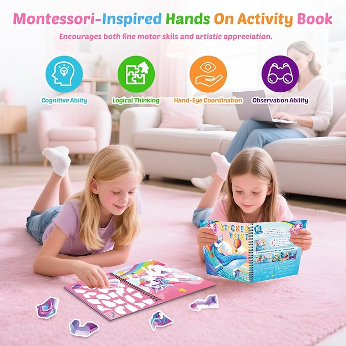 4Pcs Paint by Number Sticker Book with Story for Kids Ages 4-8 | Paint by Sticker Activity Books for Girls, Screen-Free Travel Airplane Car Toy, Art Craft Puzzle Gift for kids 3-12