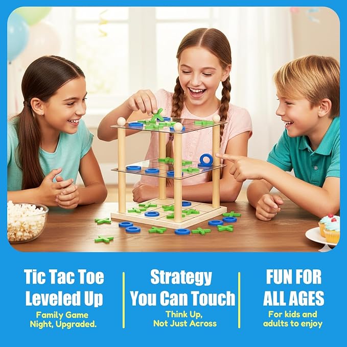 3D Wooden Tic Tac Toe Board Game, Classic XO Strategy Game | Durable Tabletop Game for Kids and Adults, Fun Family Activity for Parties, Travel, Gatherings and Game Night