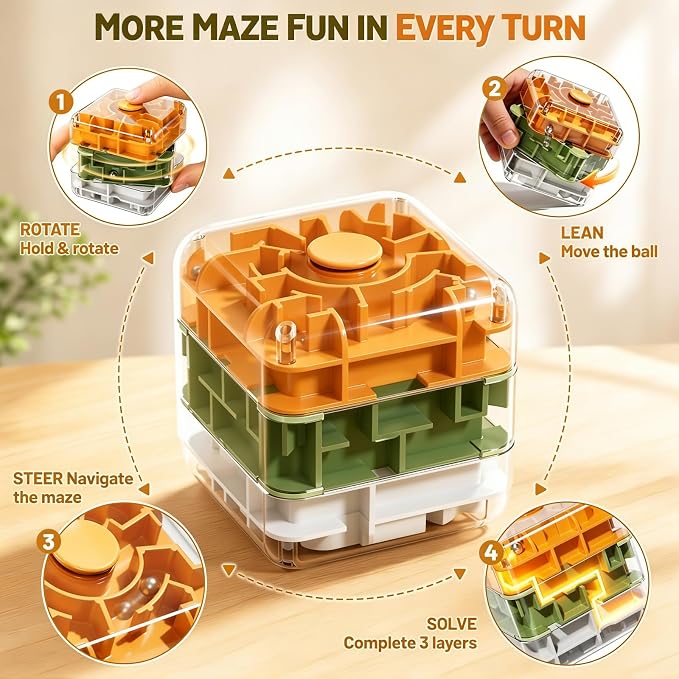 3 Layer 2 in 1 3D Rolling Ball Maze Cube, Kids Fidget Spinning Toys | Fidget Toy and Stress Toy, 3D Brain Teaser Puzzle Game Portable Activity Toy Birthday Gifts for Kids Ages 3-7+ Boys Girls