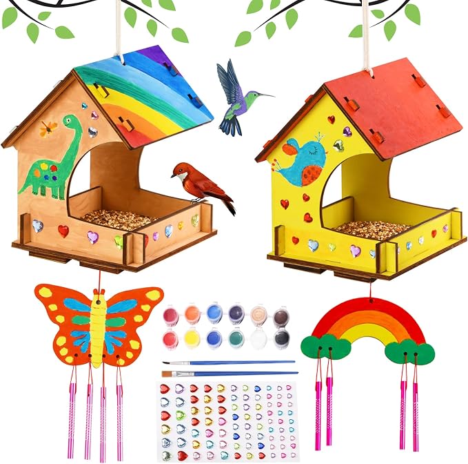 THWAS-LIGHT Wooden Arts and Crafts for Kids - 2 Pack Bird Feeder Wind Chime DIY Kids Crafts - Build and Paint Educational Fun Art Activities Gifts Outside Toys for Boys Girls Ages 3-5 8-12 6-8