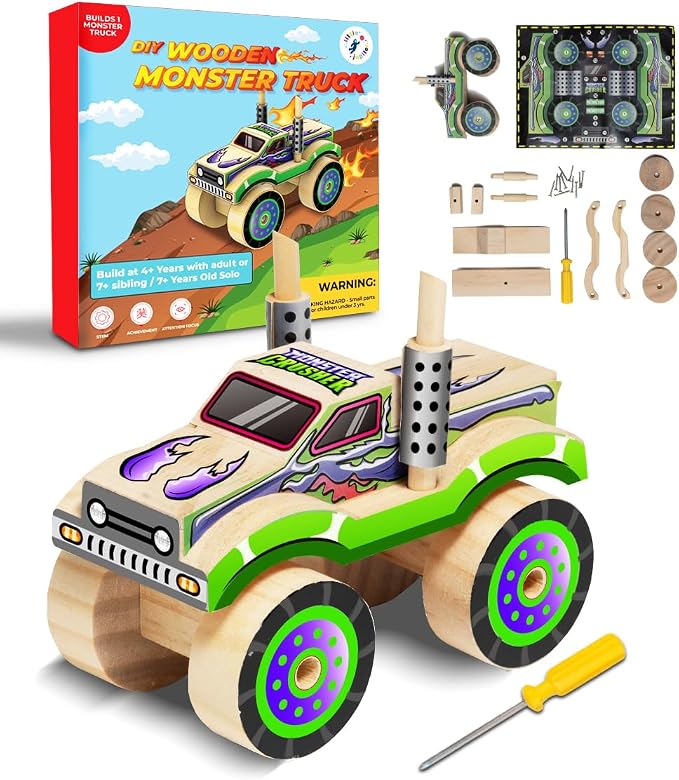 Little Jupiter DIY Wooden Kits w/Stickers - Kids Building Kit - Stem Toys for Ages 4-7 - Wood Crafts for Kids - Woodworking Kits (Monster Truck 2)