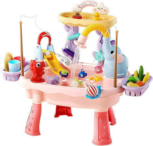 Sand and Water Table for Kids with Electric Pump, 4-in-1, Pink | 4-in-1 sand and water table with electric pump, play kitchen sink and fishing accessories for indoor or outdoor sensory play.