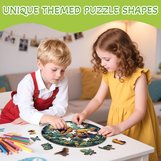 Wooden Puzzles for Kids - Dinosaur Tyrannosaurus Rex | 50 Piece Puzzles for Kids Ages 4-6 - Kids Puzzle with Unique Animal Shapes - Round Puzzles for Boys and Girls (11.4 * 11.4in)