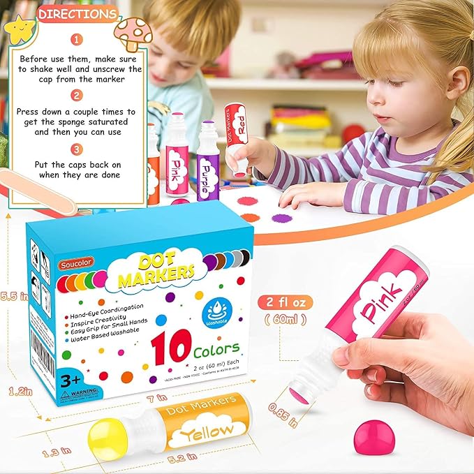 Soucolor 20 PCS 10 Colors Kids Washable Dot Markers,48 Page Activity Book | Bingo Paint Daubers Set with 48 Pages Tearable Activity Book for Kids,Toddlers,Preschool, Arts and Crafts Kits Supplies